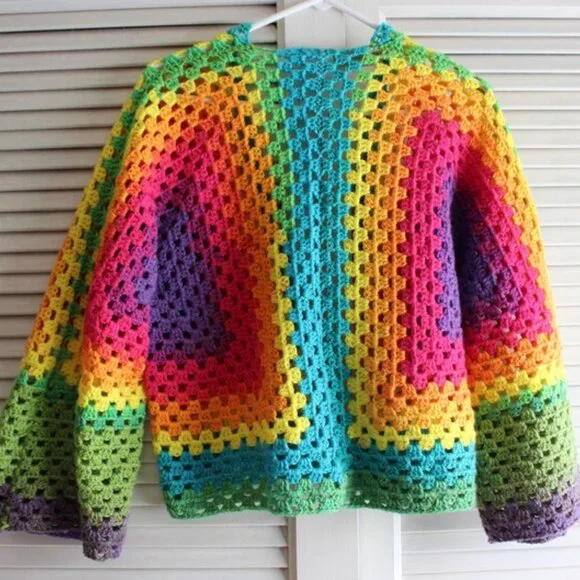 Rainbow Brite Mandala Granny Stitch Crochet Hexagon Open Cardigan - Picture 2 of 5